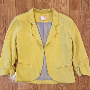 Love...Ady Blazer Jacket Womens Yellow S Ruched Sleeves Open-Front Soft Lightwt